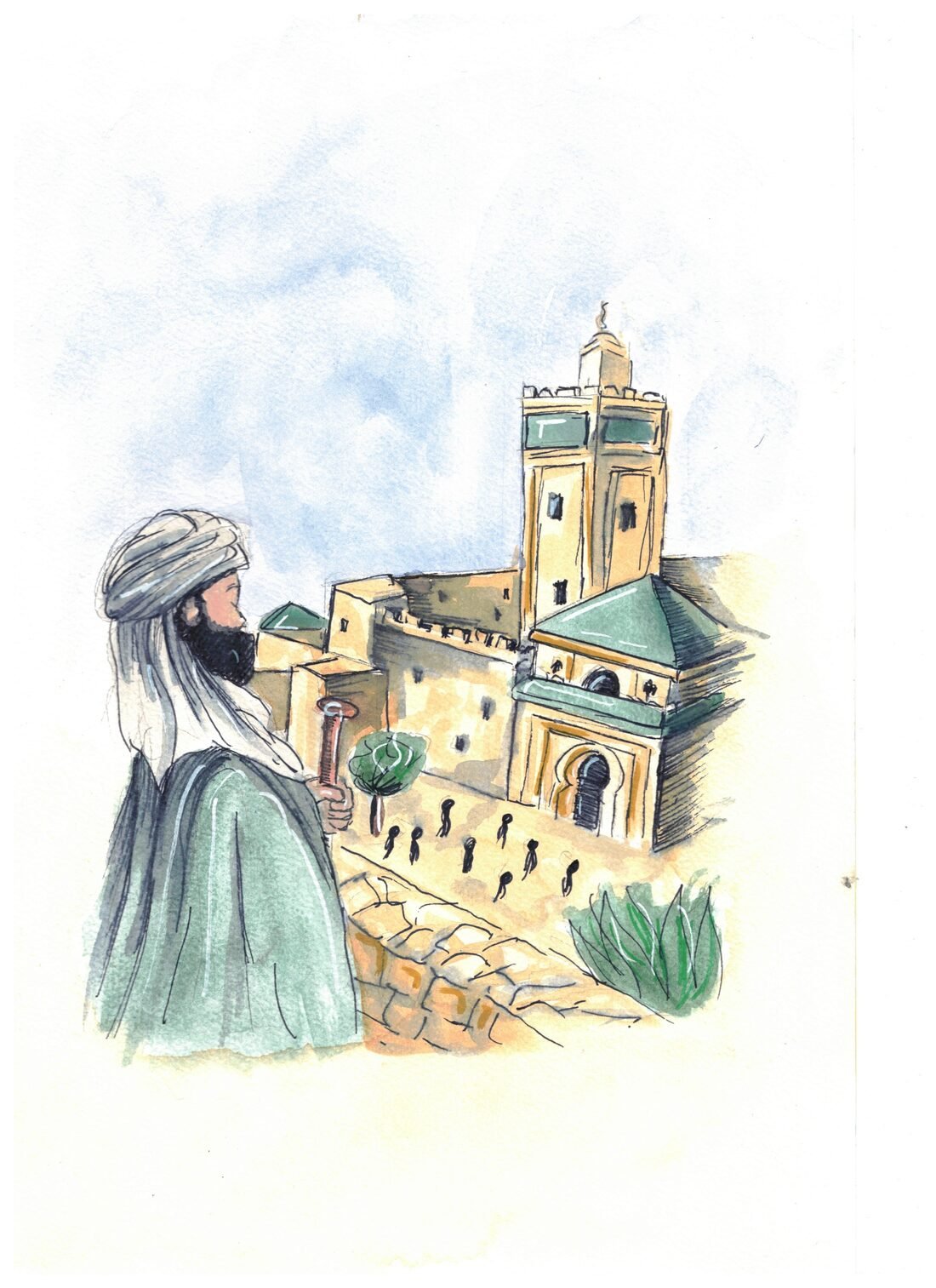 Aquarelle de Fanny : Ibn Battûta en turban contemplant une médina et son minaret aux toits verts